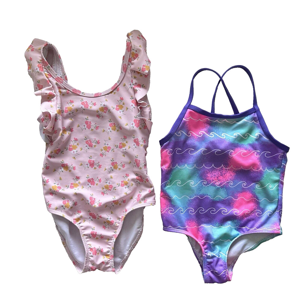 Toddler Girl Summer Lot 2 Swimsuits Real Love Pink Platinum Floral Wave Size 3T